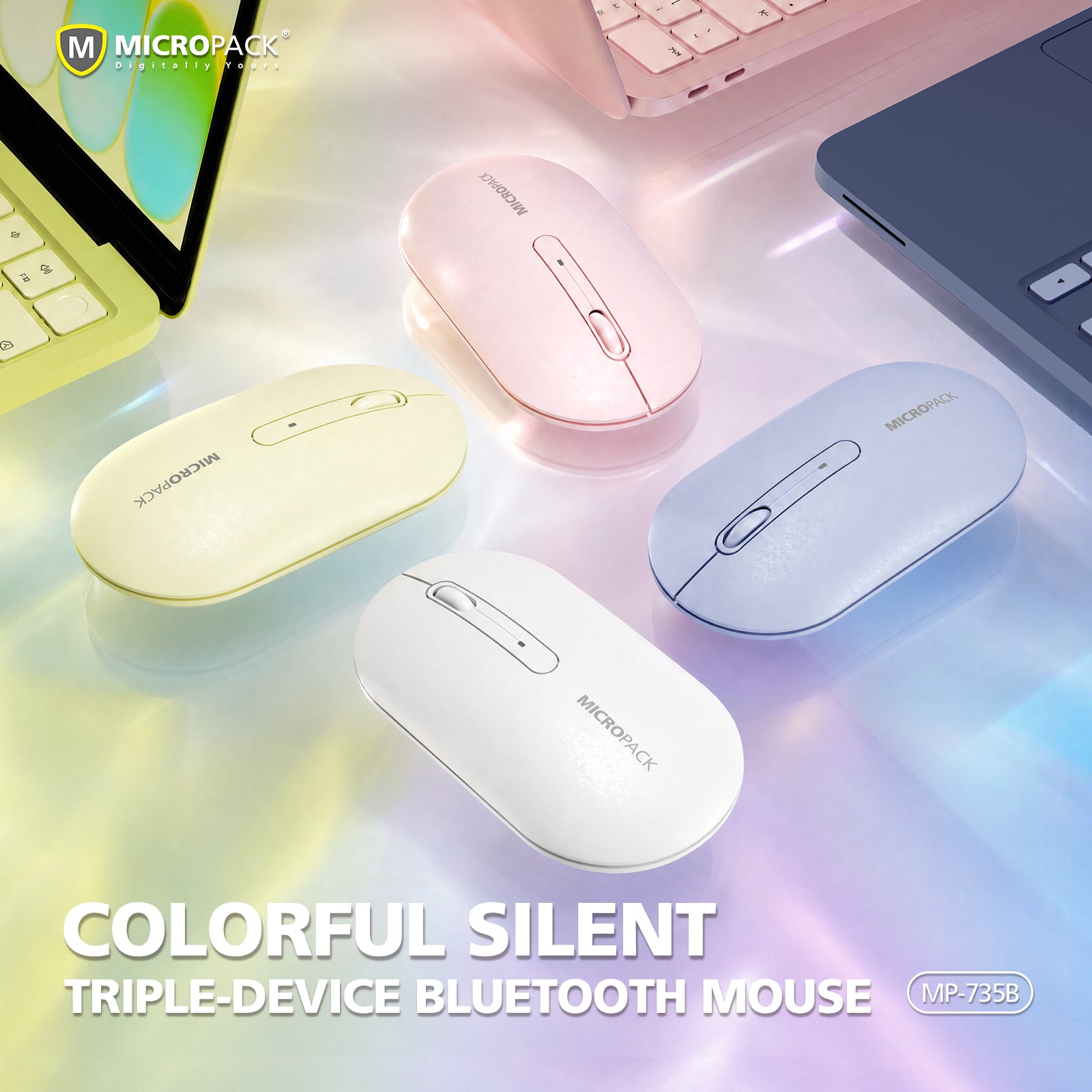 Colorful wireless mouse set on a desk with laptops and a keyboard, featuring the Micropack brand.