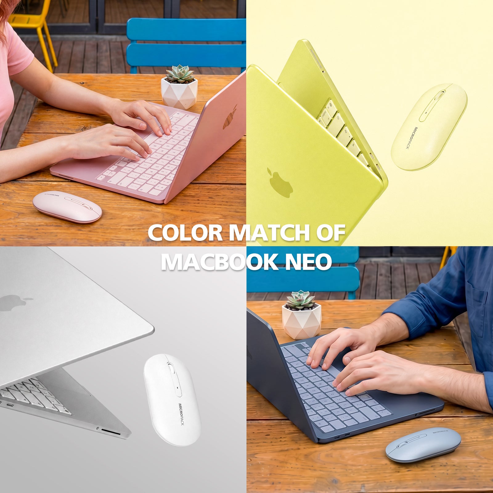 Collage of people using laptops with a focus on color matching of MacBook Neo.