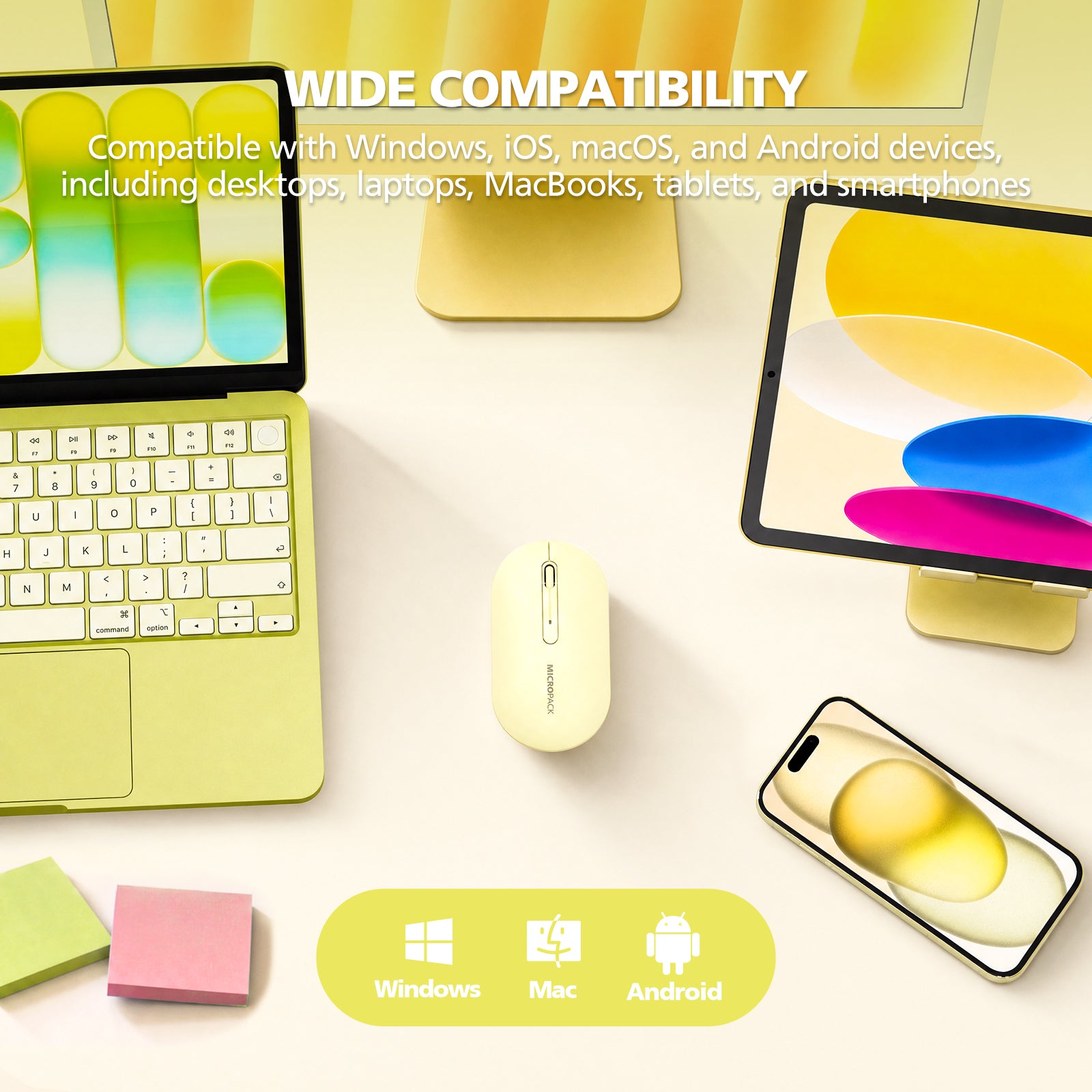 Yellow laptop, tablet, smartphone, and mouse on a white surface with compatibility text.