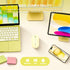 Yellow laptop, tablet, smartphone, and mouse on a white surface with compatibility text.