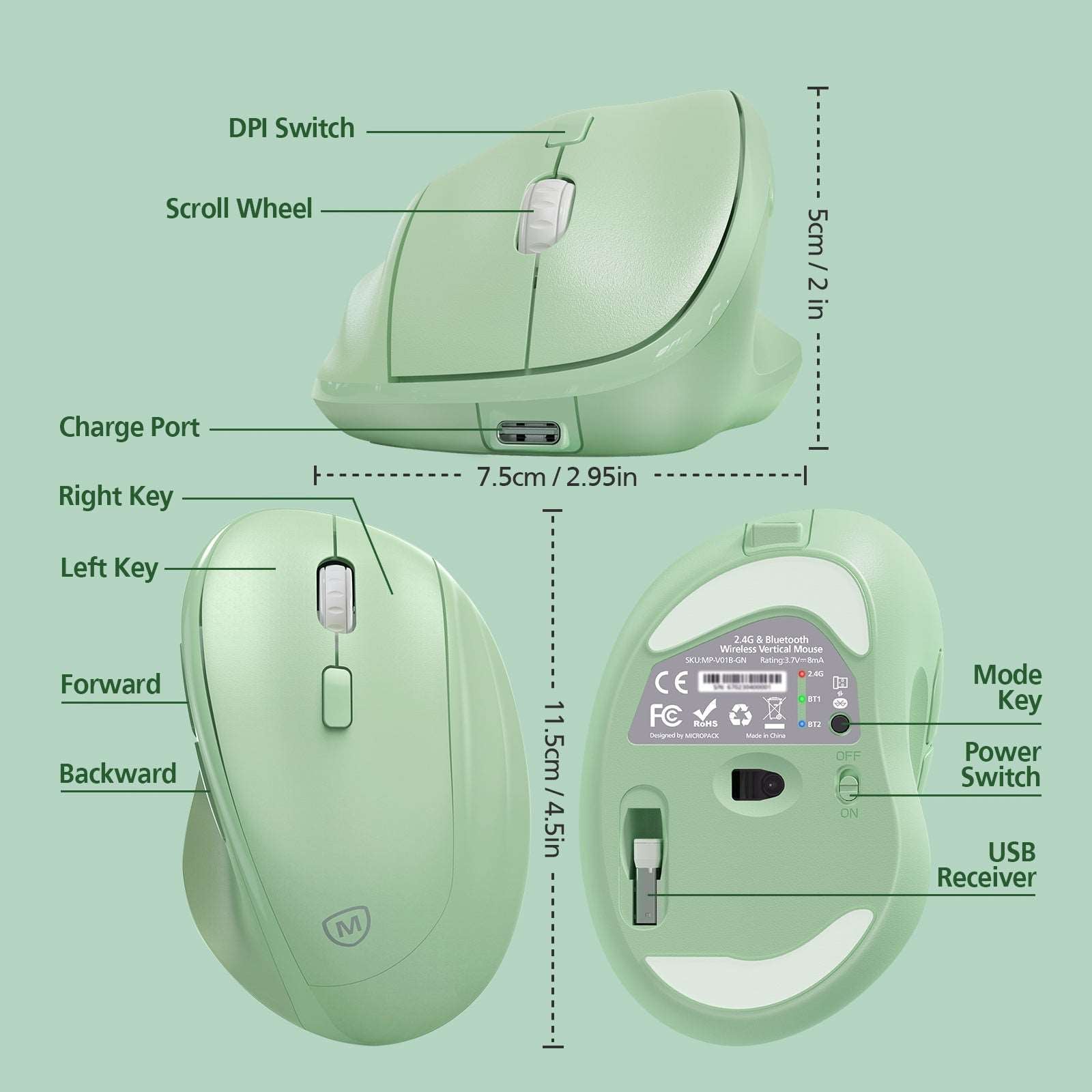 Rechargeable Ergonomic Vertical 3-Mode Wireless Mouse MP-V01B