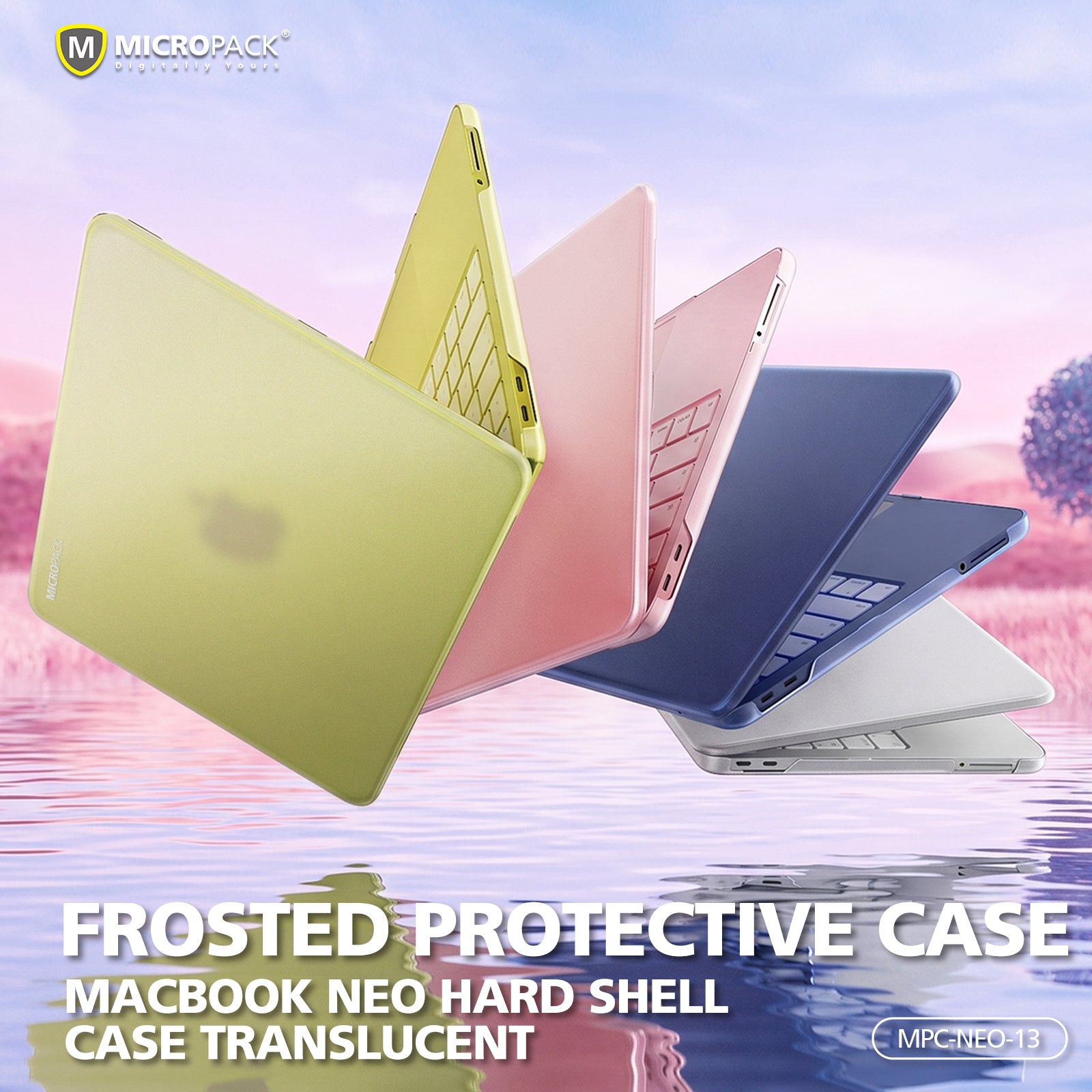 Four frosted translucent hard shell cases for a MacBook Neo are shown floating in a stylized pastel landscape. The cases are in yellow-green, pink, blue, and white, with a keyboard attached to each.