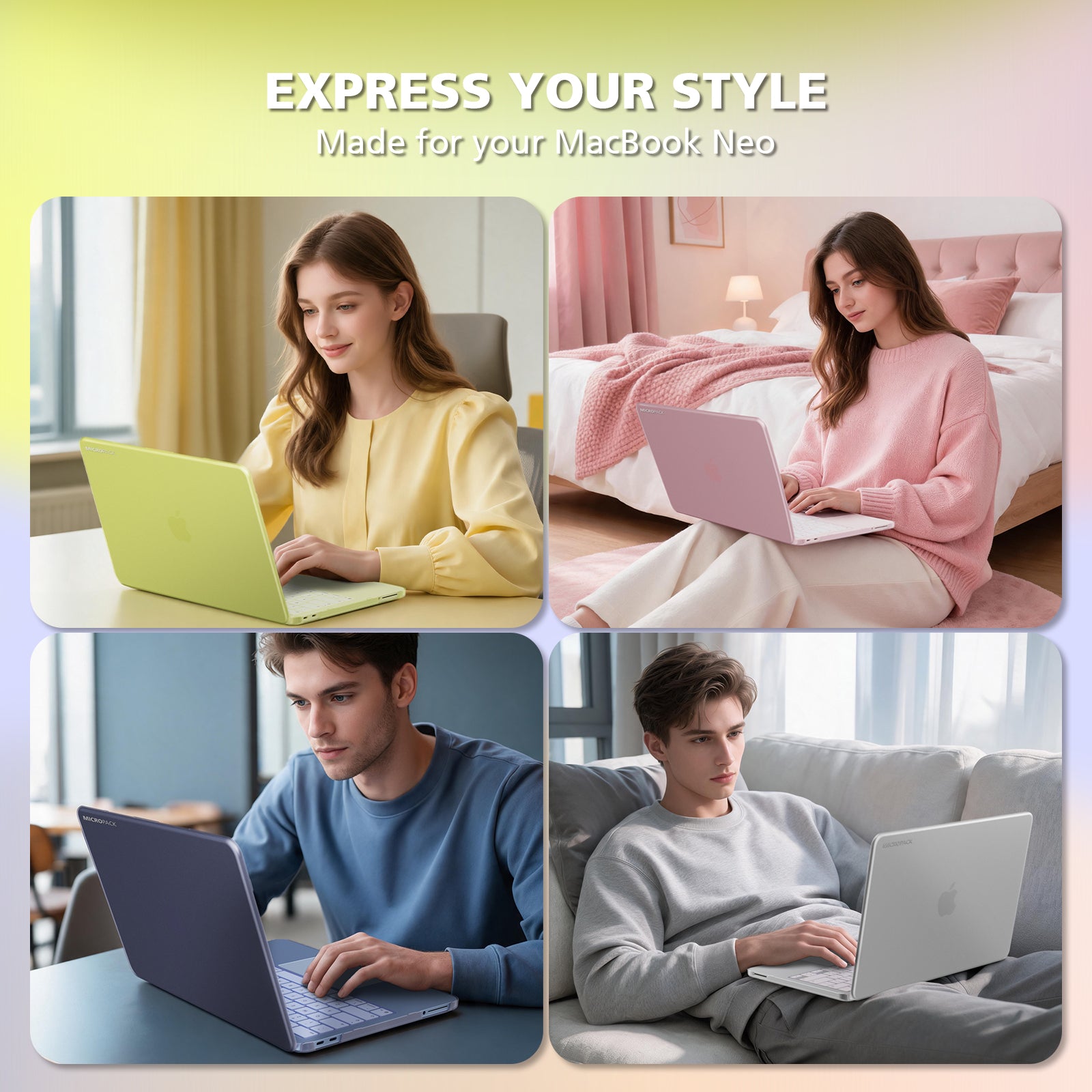 A promotional collage with the text 'EXPRESS YOUR STYLE Made for your MacBook Neo' above four lifestyle panels showing people using laptops in different settings. The laptops appear in pastel yellow-green, pink, dark blue-gray, and silver, with the models wearing yellow, pink, blue, and gray sweaters respectively.