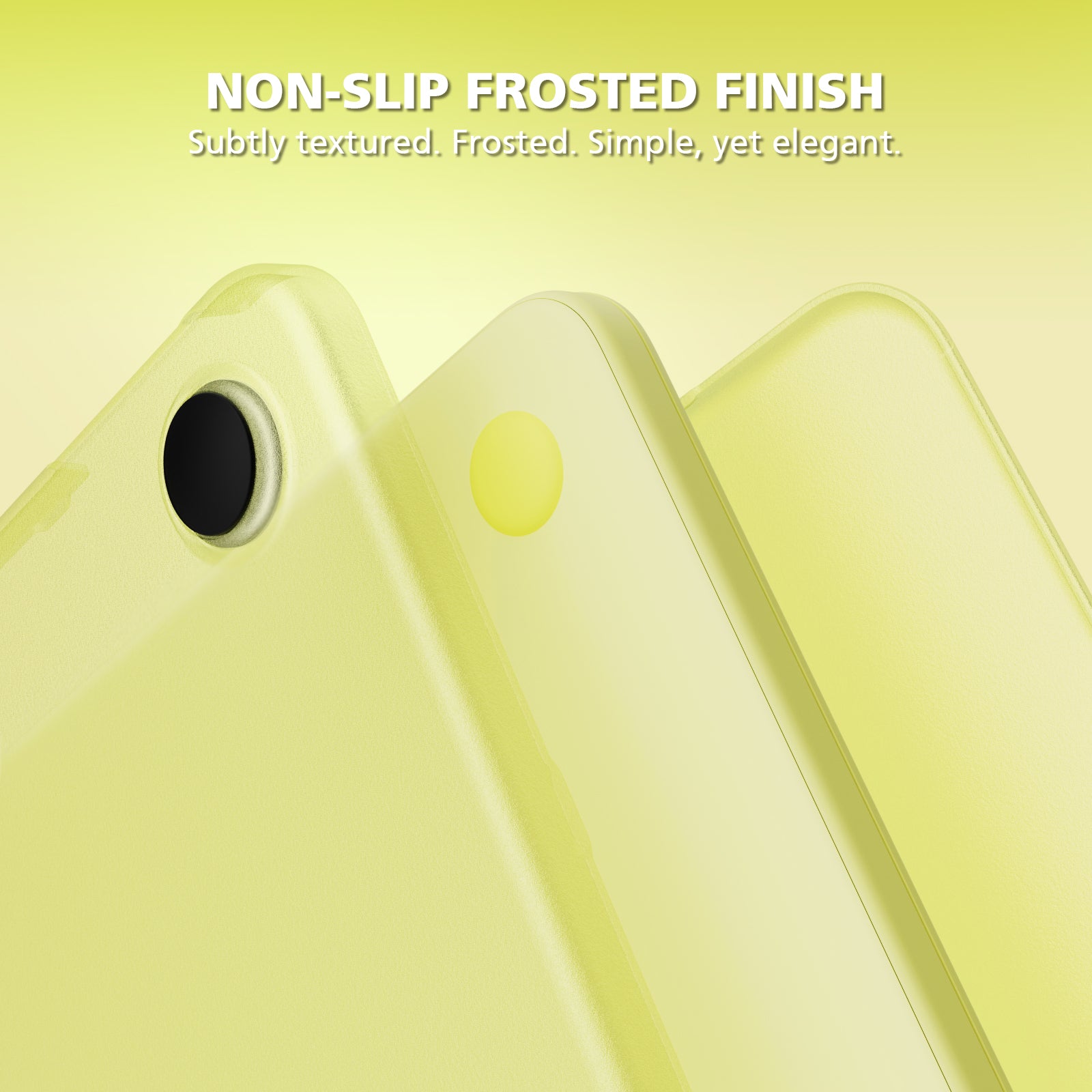 Three pale yellow smartphone back views arranged diagonally on a matching yellow gradient background, with text at the top reading 'NON-SLIP FROSTED FINISH' and smaller descriptive copy.
