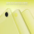 Three pale yellow smartphone back views arranged diagonally on a matching yellow gradient background, with text at the top reading 'NON-SLIP FROSTED FINISH' and smaller descriptive copy.