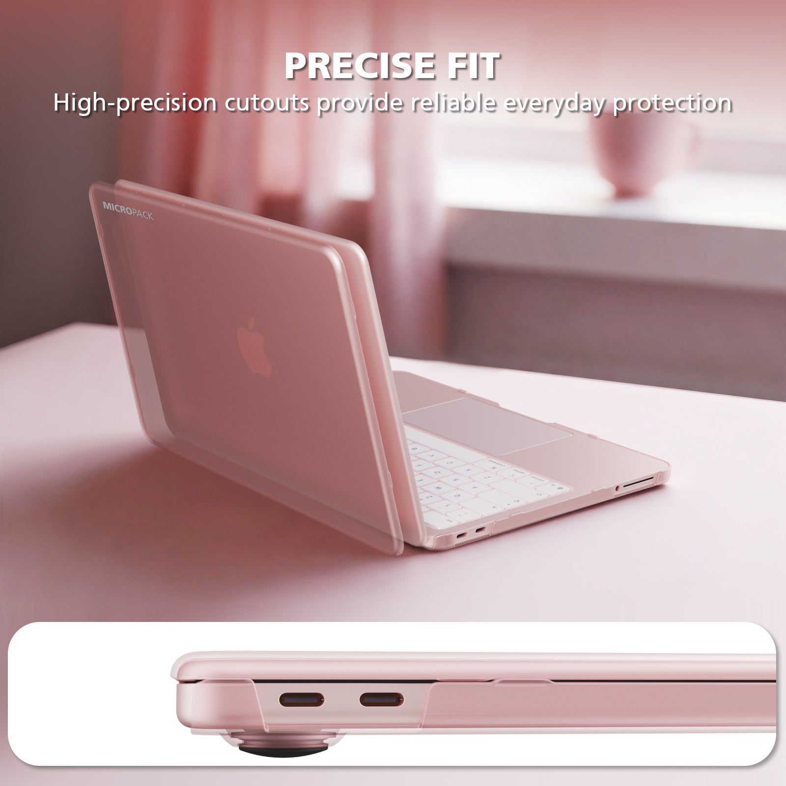 A translucent pink protective laptop case fitted over a silver laptop, shown on a soft pink tabletop with overlaid text reading 'PRECISE FIT' and a close-up of the side port cutout at the bottom. No person or animal is present, and the setting functions as a styled product presentation rather than a real lifestyle scene, so subject_type is Product/Packaging.