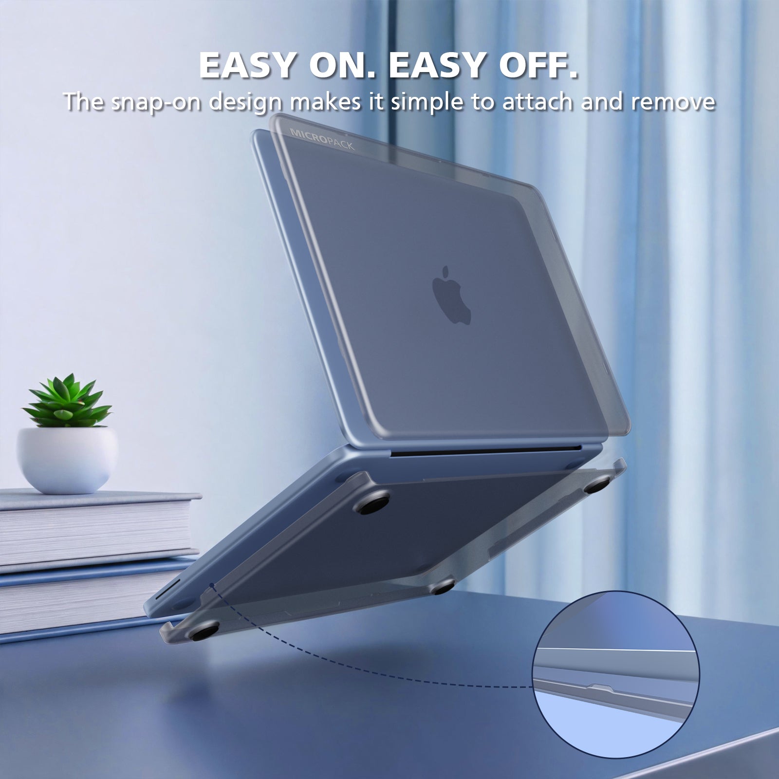 A clear laptop skin/case shown on a silver laptop standing open on a desk, with marketing text at the top and a circular inset showing the snap-on detail. The Apple logo is visible on the laptop underneath, but the sold product appears to be the skin rather than the laptop itself.