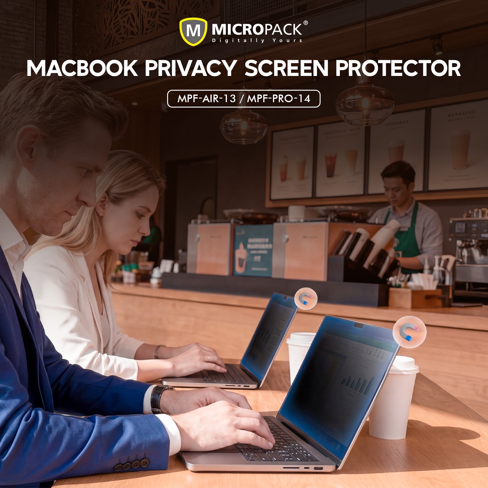 Two people using laptops with privacy screen protectors in a cafe setting, featuring Micropack branding.