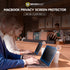 Two people using laptops with privacy screen protectors in a cafe setting, featuring Micropack branding.