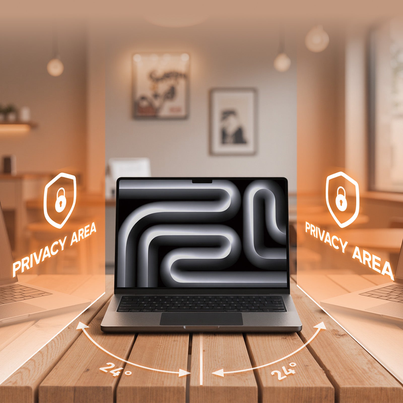 Laptop on a wooden table with 'Privacy Area' icons and text in a blurred room setting