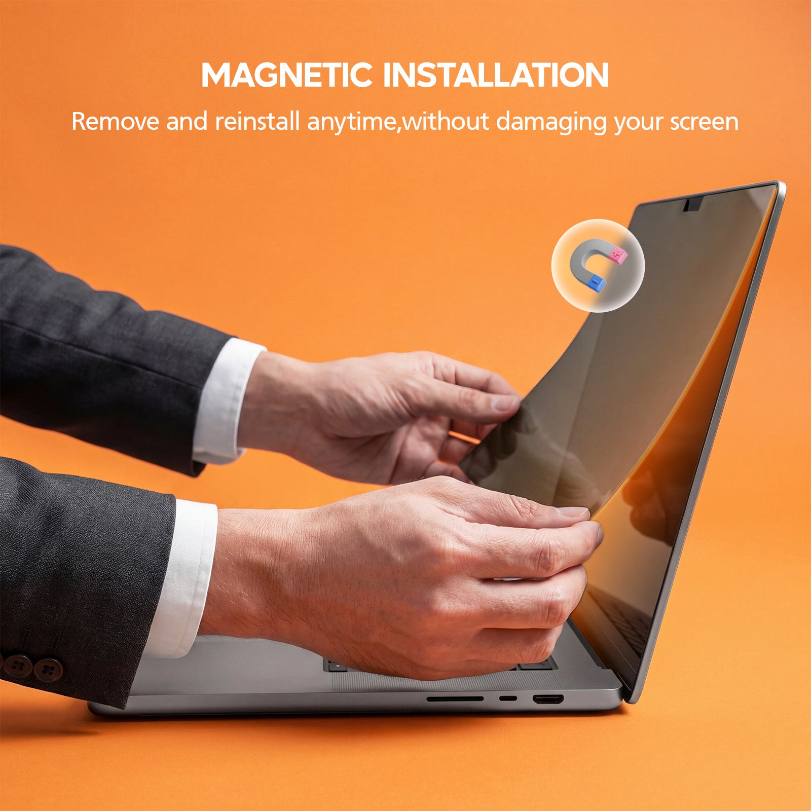Person installing a screen protector on a laptop with text about magnetic installation.