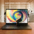 Laptop with a colorful screen on a wooden desk, with text about privacy protection.