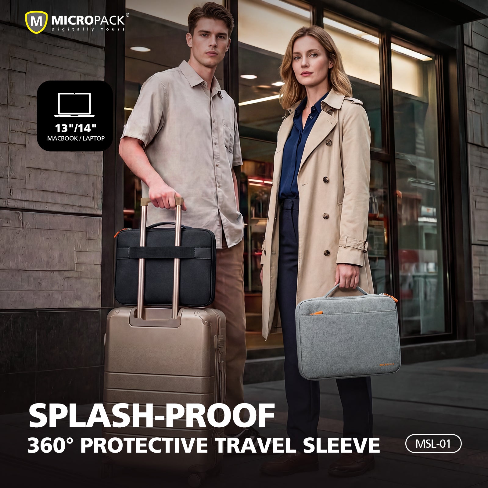 Two people with suitcases and a protective travel sleeve, Micropack branding visible.