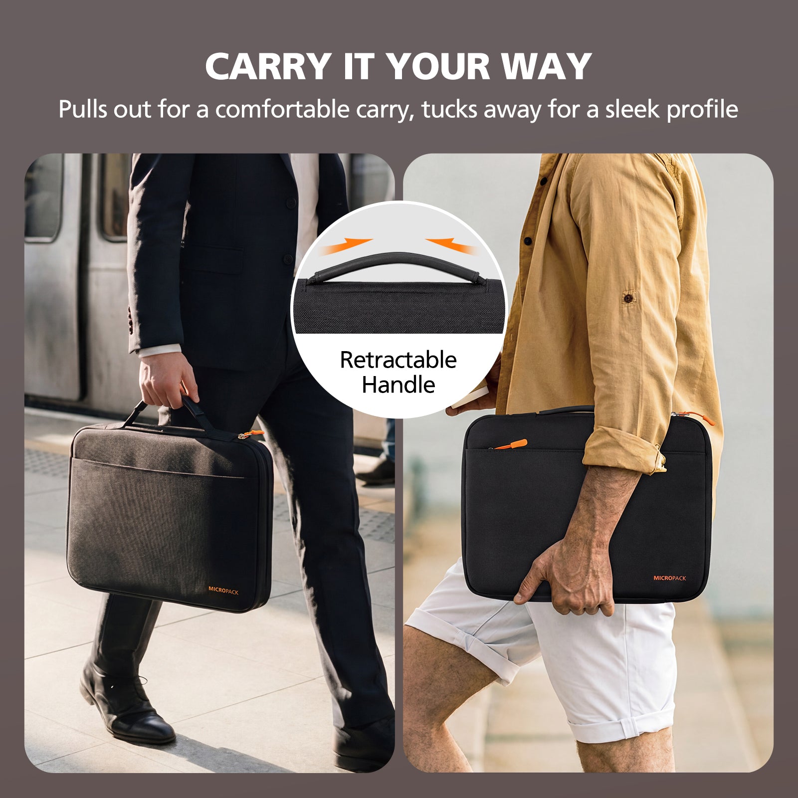 Two people carrying briefcases with a focus on a retractable handle feature.