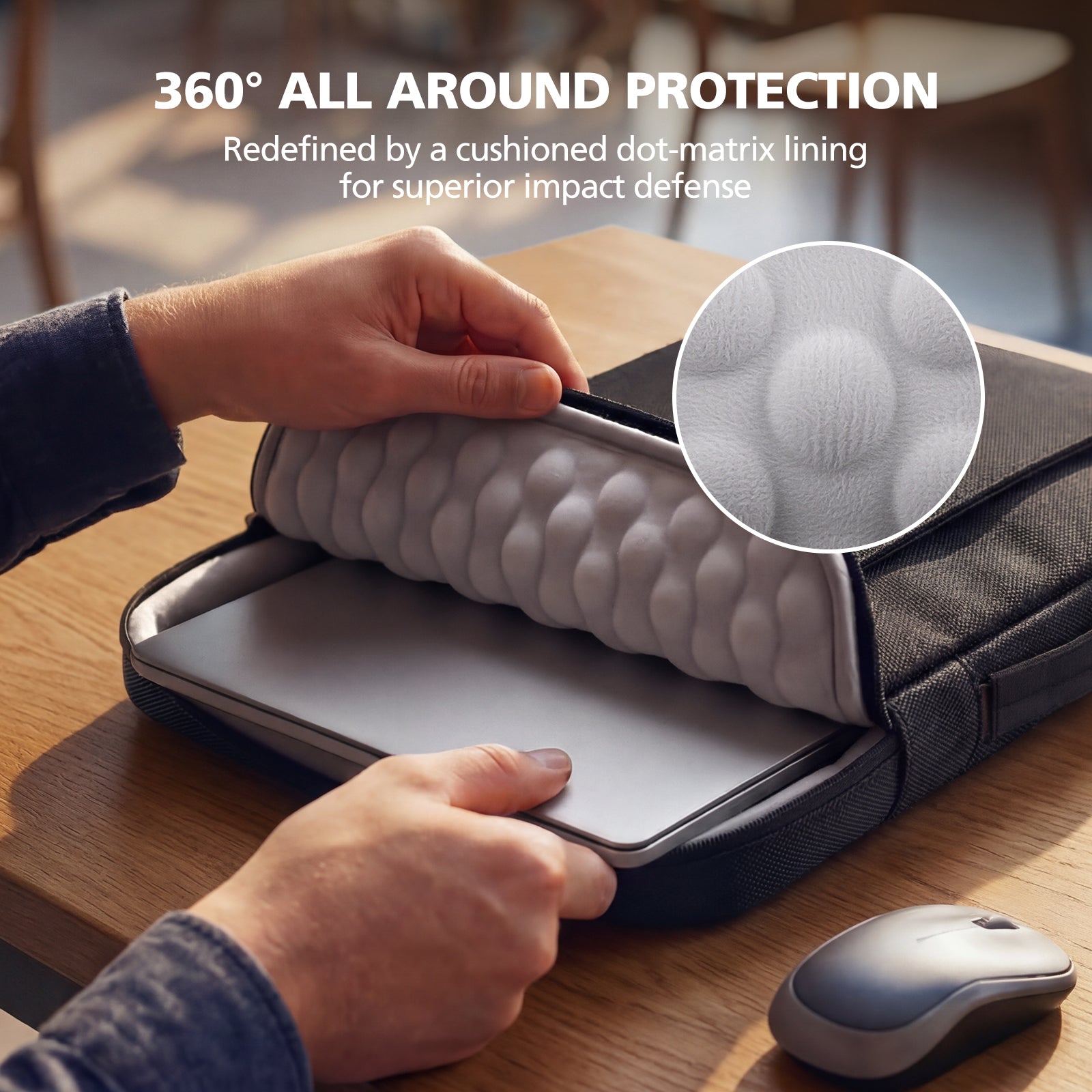 Person opening a protective case with cushioned dot-matrix lining, showing 360-degree protection feature.