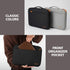 Black and gray laptop bags with a front organizer pocket, held by a person.