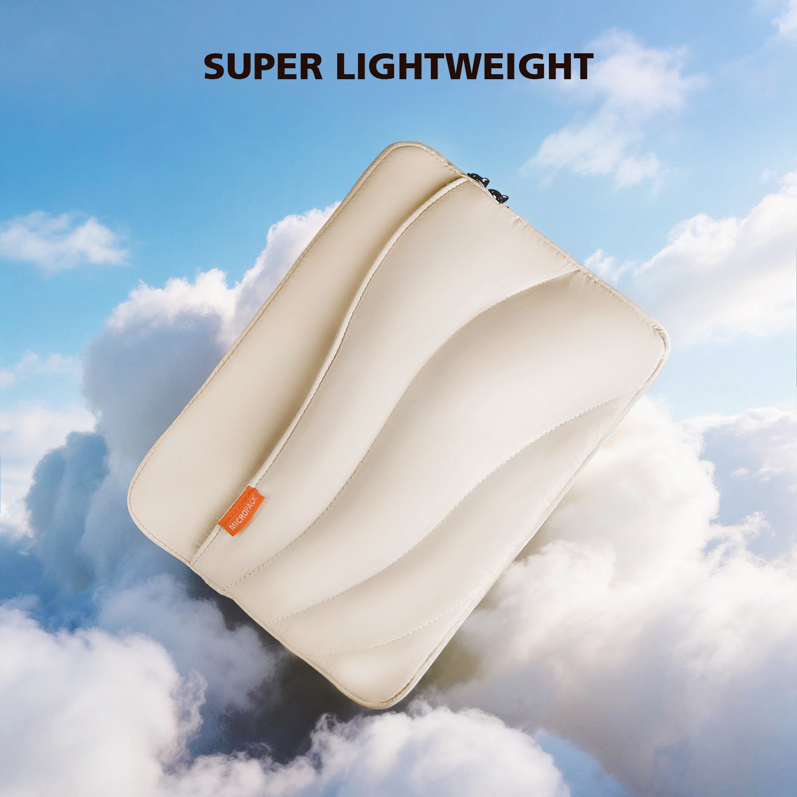A cream-colored, lightweight padded sleeve or pouch floating above white clouds against a blue sky, with the text 'SUPER LIGHTWEIGHT' at the top. A small orange fabric tag is visible on the front.