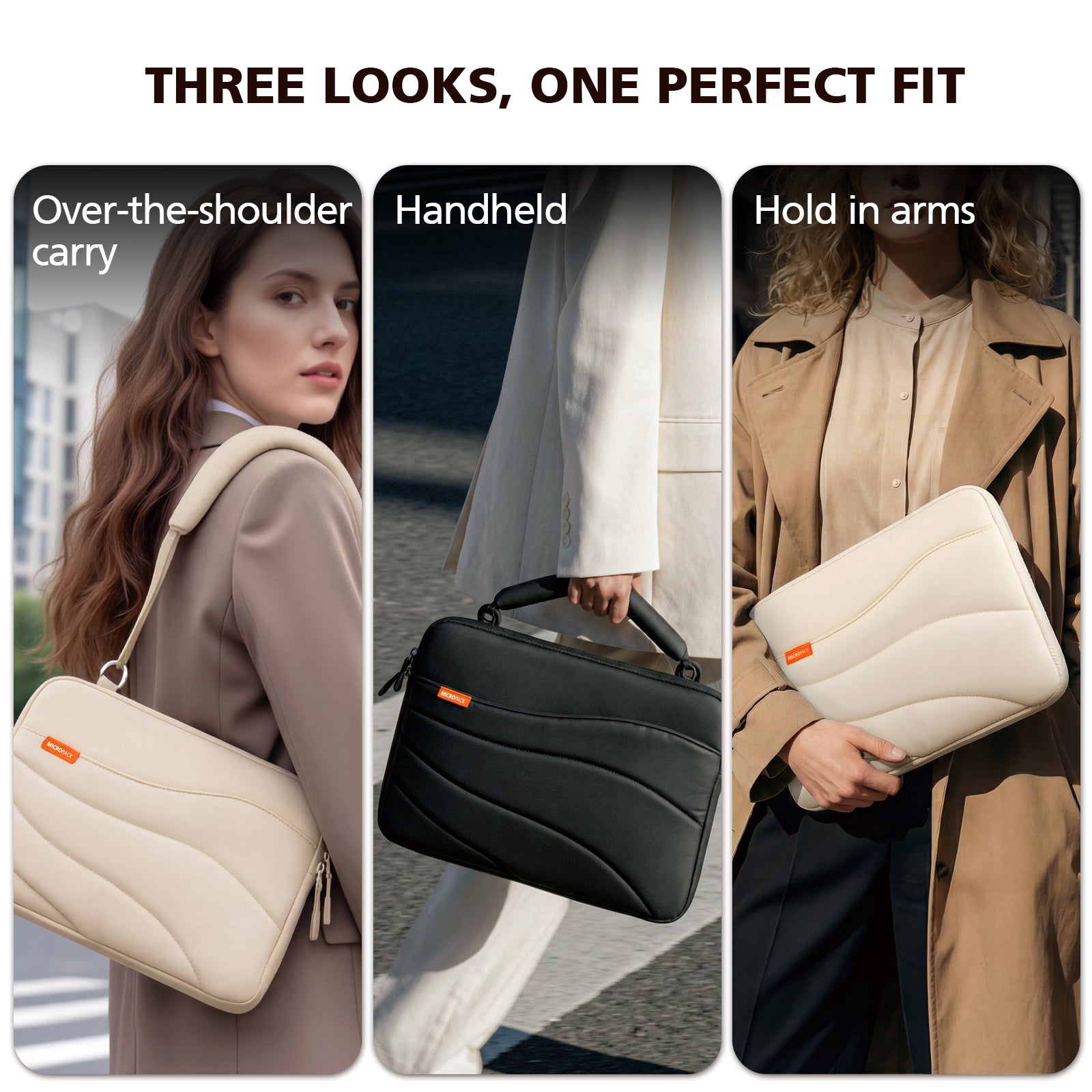 Three-panel promotional graphic showing a quilted shoulder bag in three carrying styles: over-the-shoulder, handheld, and held in arms. Text at the top reads 'THREE LOOKS, ONE PERFECT FIT.
