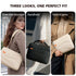Three-panel promotional graphic showing a quilted shoulder bag in three carrying styles: over-the-shoulder, handheld, and held in arms. Text at the top reads 'THREE LOOKS, ONE PERFECT FIT.