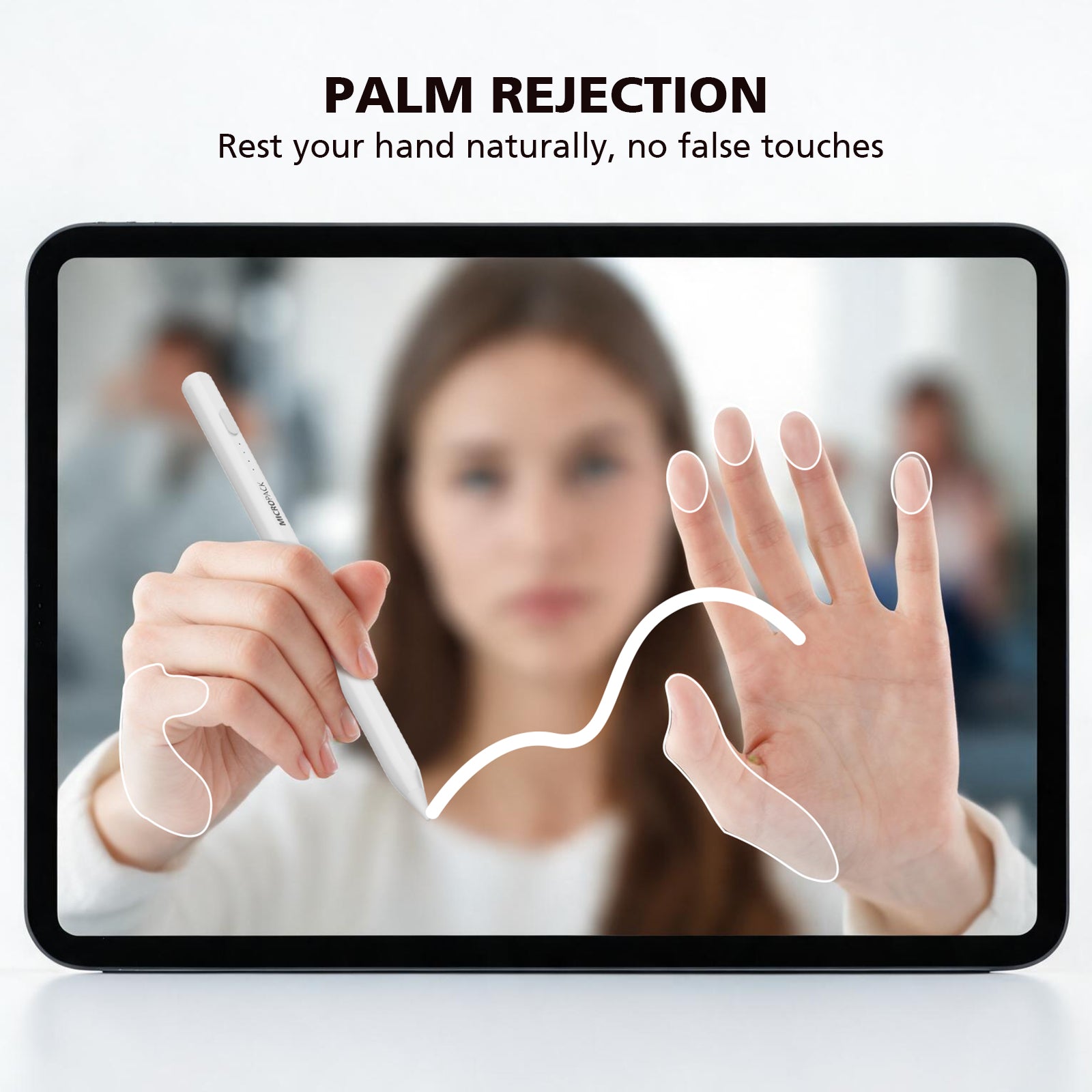 A tablet device with a black bezel displays a demonstration of palm rejection for a stylus. The screen shows a blurred woman holding a white stylus while extending her hand, with white line overlays indicating the gesture.
