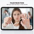 A tablet device with a black bezel displays a demonstration of palm rejection for a stylus. The screen shows a blurred woman holding a white stylus while extending her hand, with white line overlays indicating the gesture.