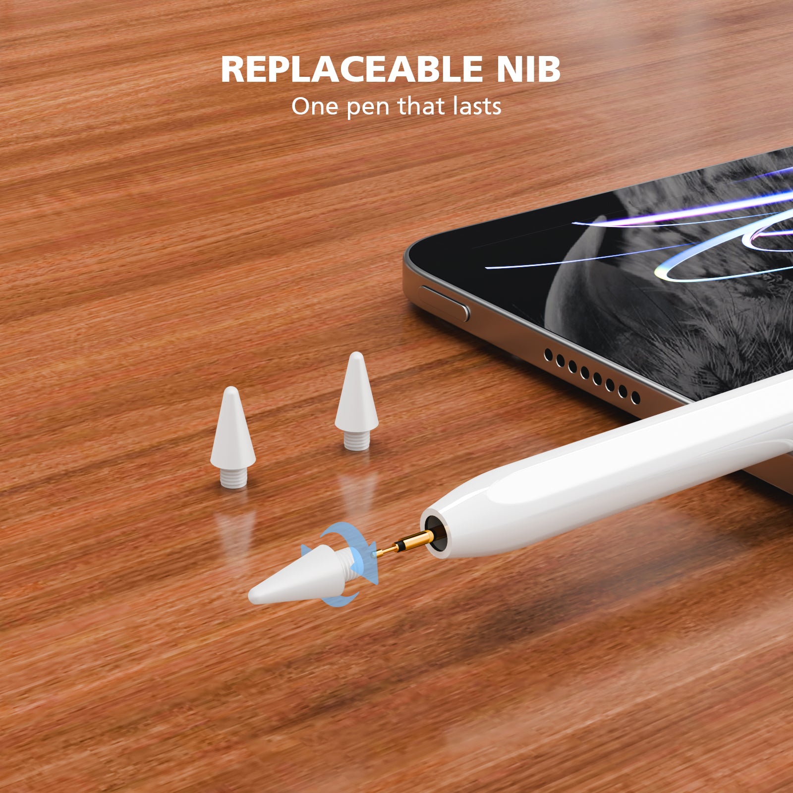 A white stylus pen shown on a wooden surface with two small white replacement nibs and a close-up of the nib attachment. Text at the top reads 'REPLACEABLE NIB One pen that lasts.