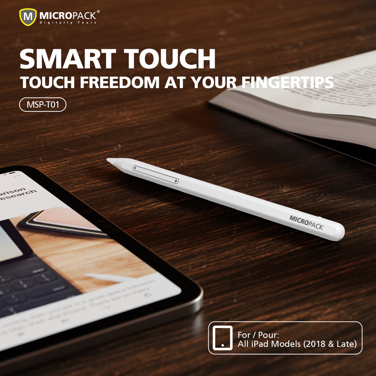 Smart touch pen on a tablet with Micropack branding on a wooden surface