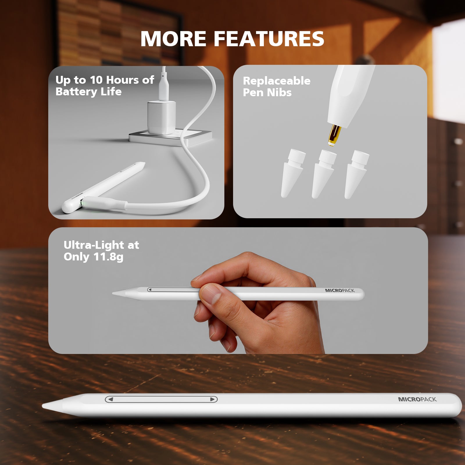 White pen with features highlighted on a wooden surface