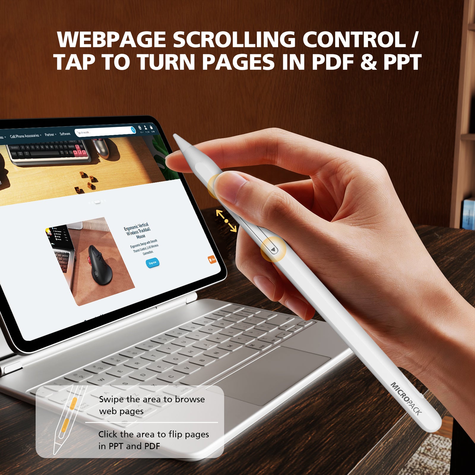 Hand holding a stylus over a laptop with text about webpage scrolling control and PDF/PPT navigation.