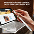 Hand holding a stylus over a laptop with text about webpage scrolling control and PDF/PPT navigation.