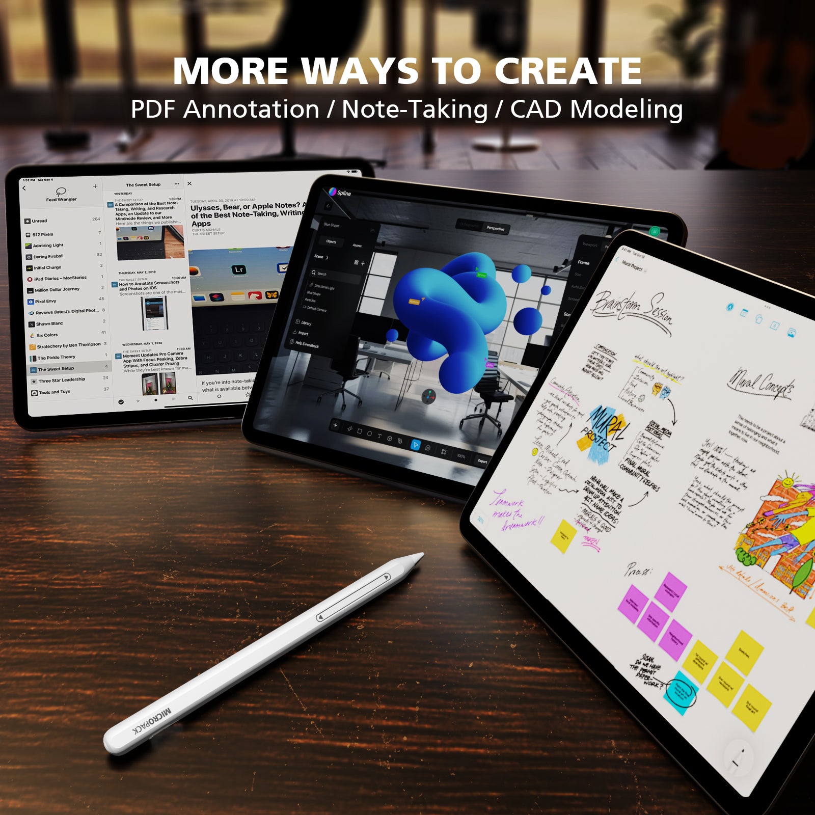 Three tablets on a wooden surface displaying different apps with a pen in front.