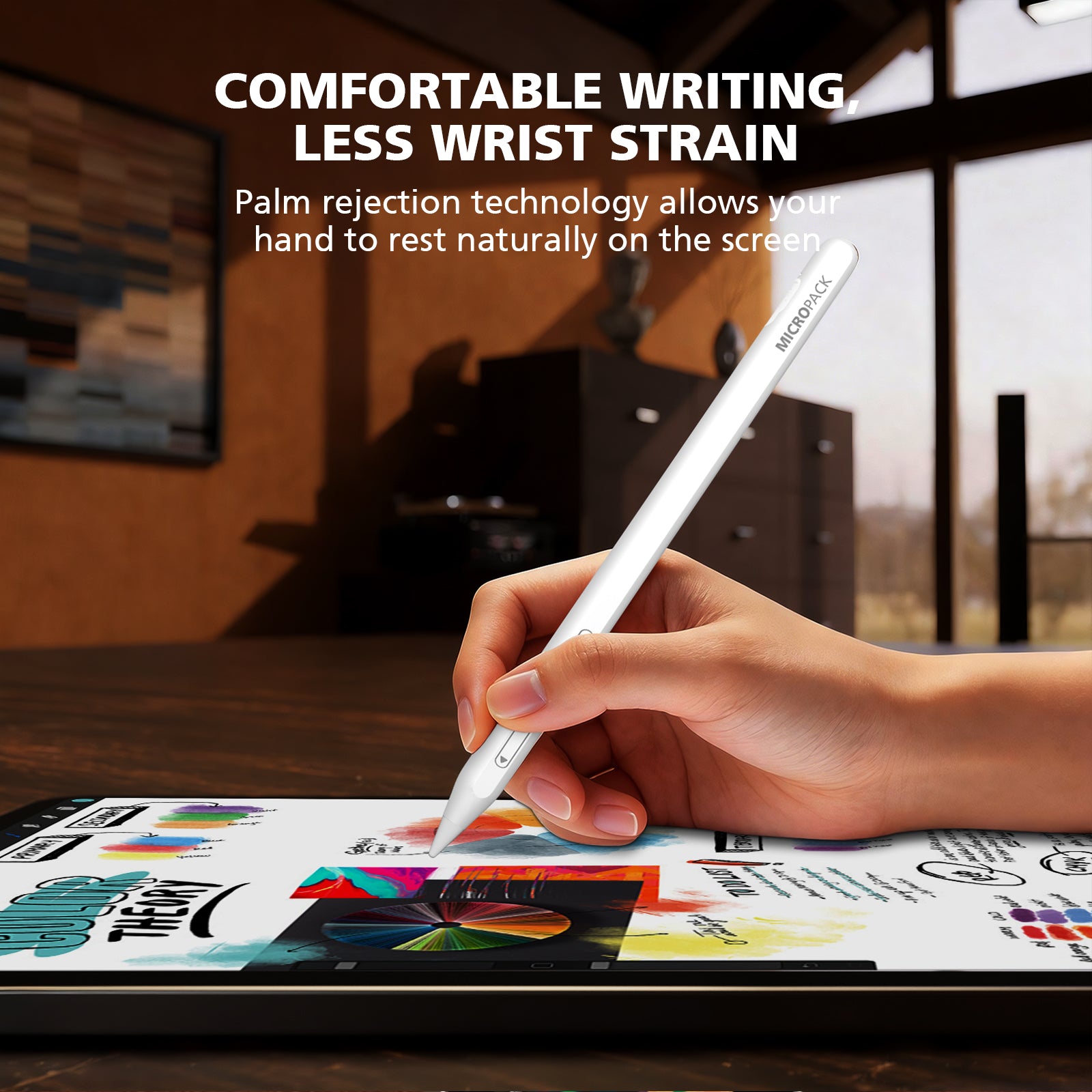 Hand holding a stylus over a tablet with text about palm rejection technology