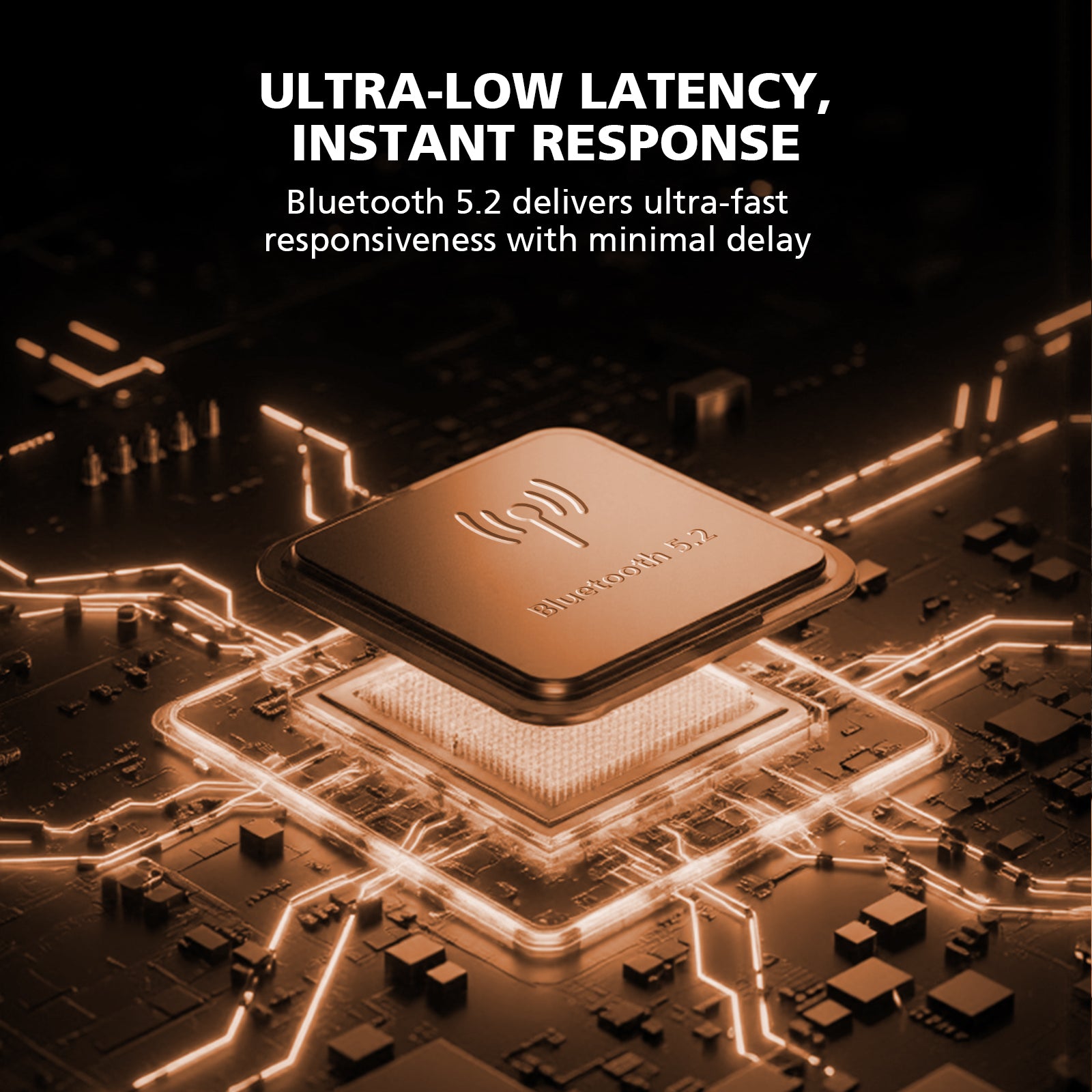 Close-up of a Bluetooth 5.2 chip on a circuit board with glowing lines, emphasizing ultra-low latency and instant response.