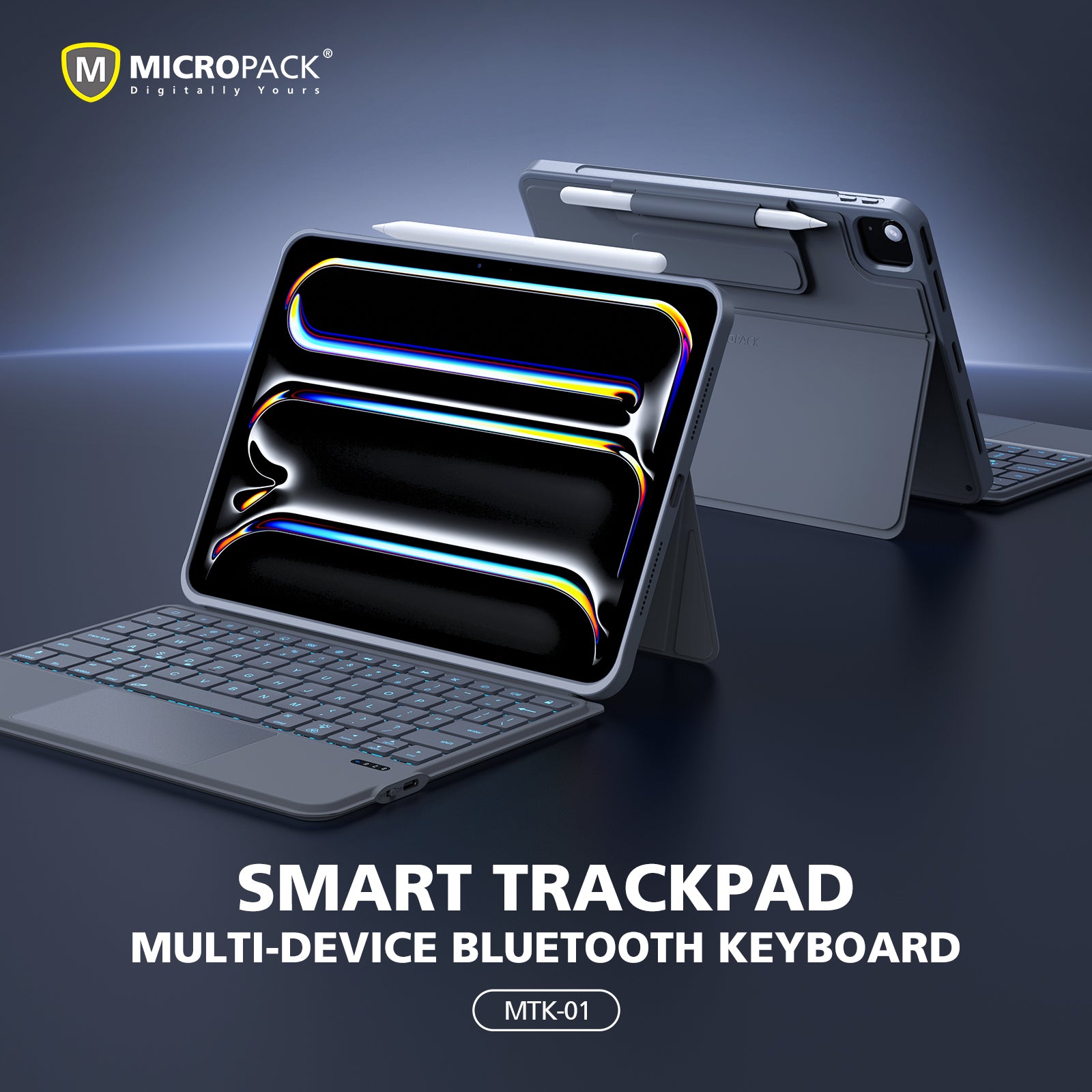 Smart trackpad multi-device Bluetooth keyboard with Micropack branding on a dark background