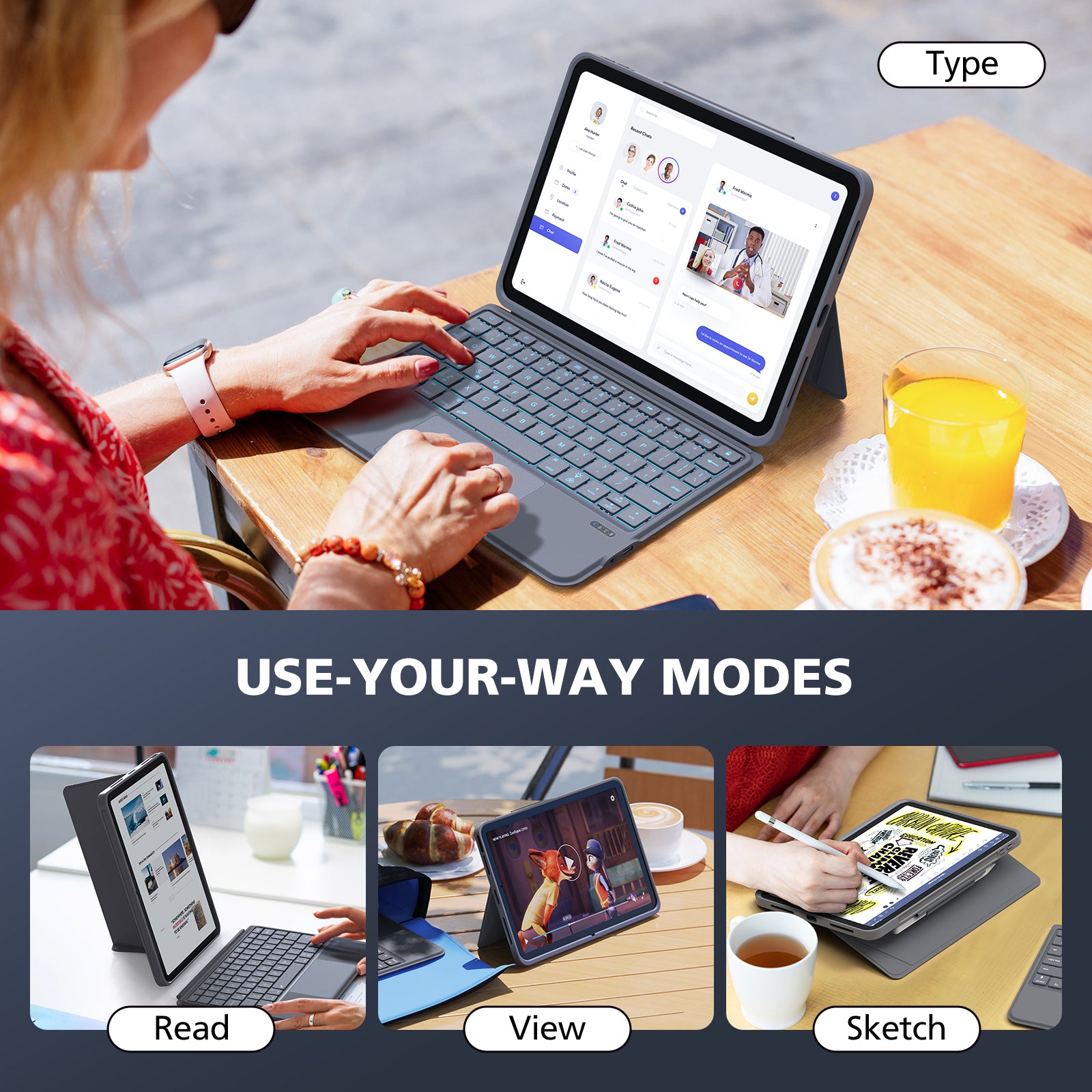 Person using a tablet with a keyboard case at a table, with various modes displayed below.