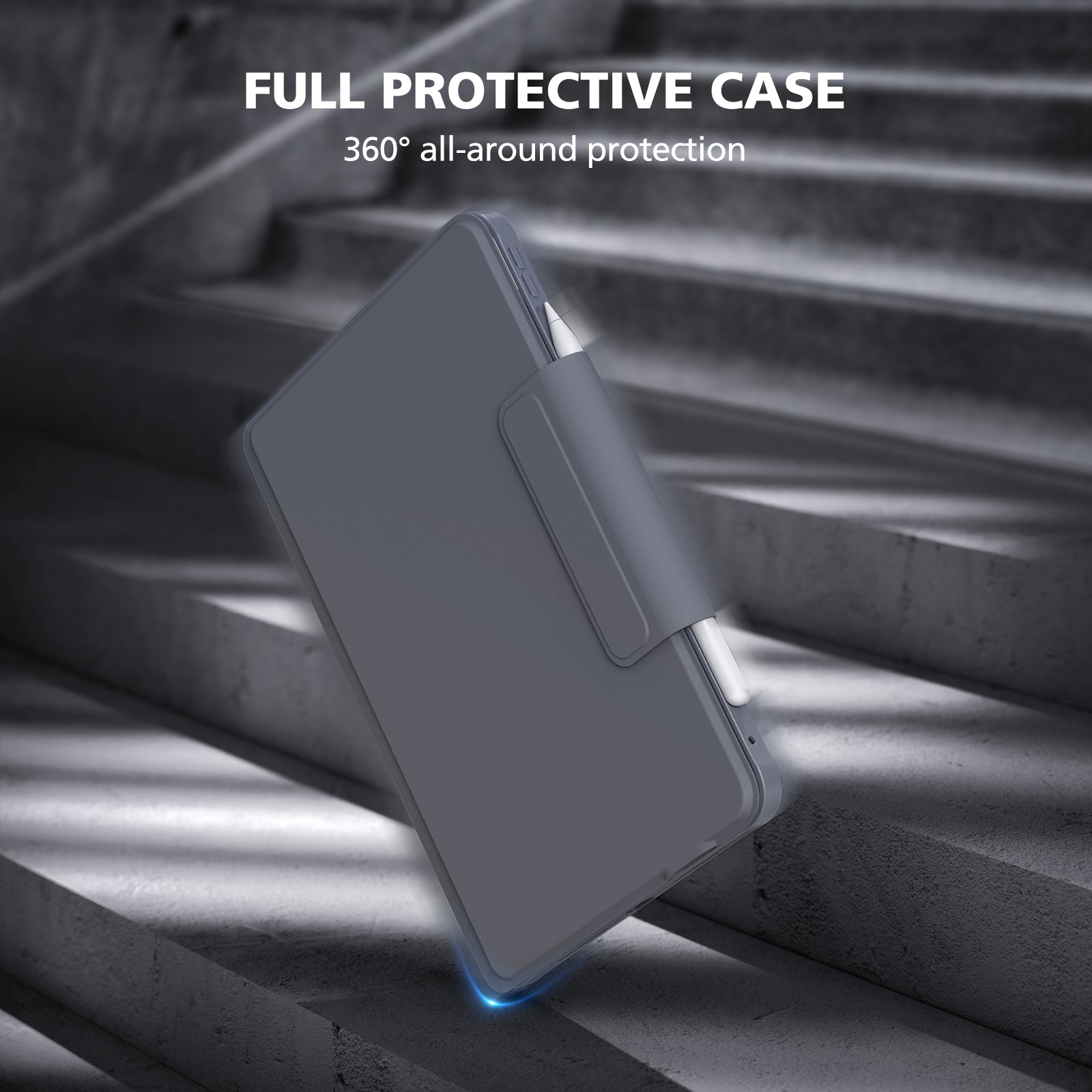 Gray protective case with text 'Full Protective Case' and '360° all-around protection' on a metallic background.