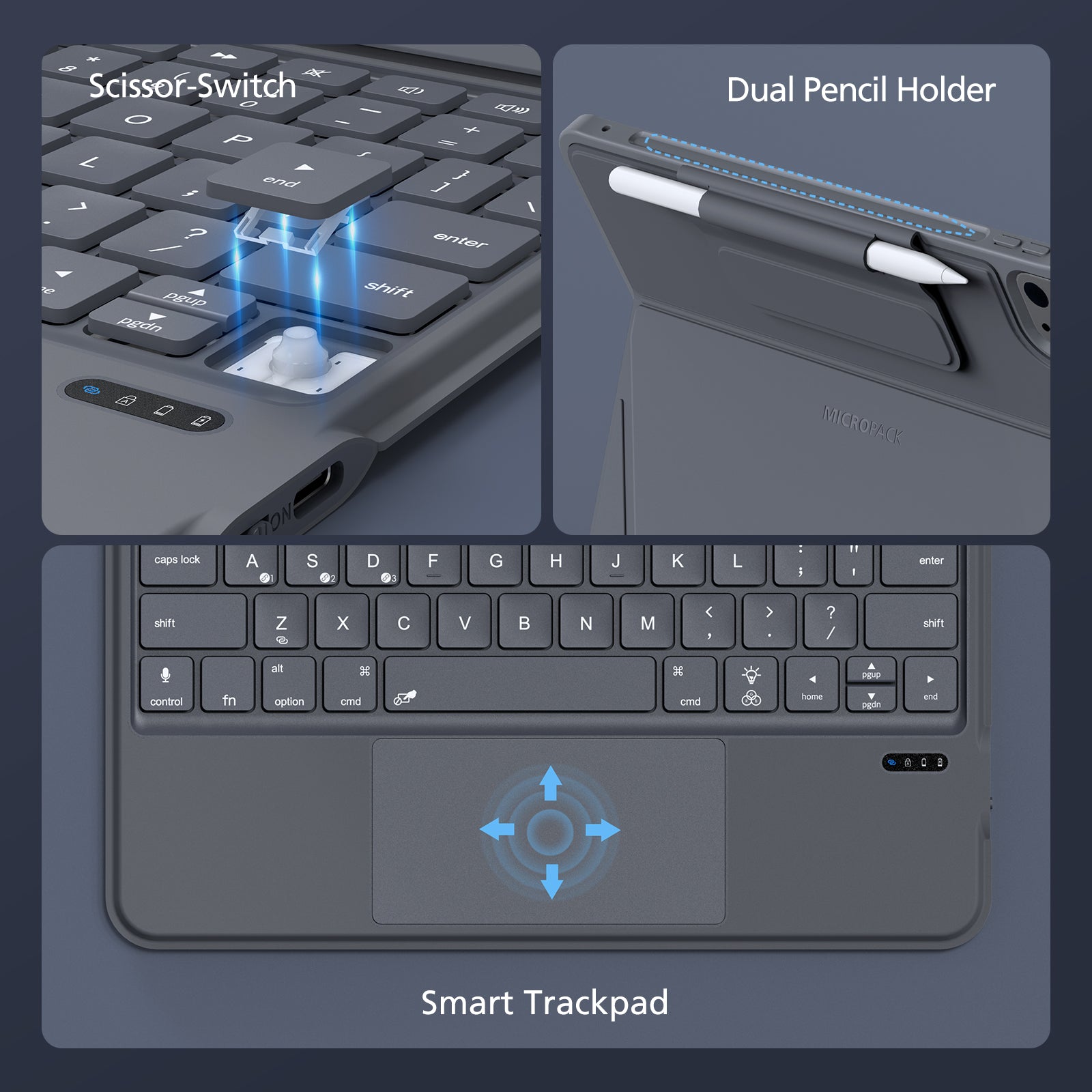 Keyboard with scissor-switch, dual pencil holder, and smart trackpad on a dark background