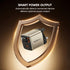 Power adapter with 'MICROPACK' branding on a shield-shaped background with text about smart power output.