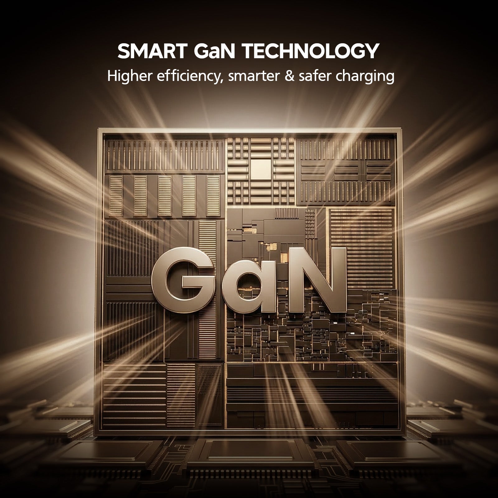Smart GaN technology graphic with circuit board design and glowing effects.