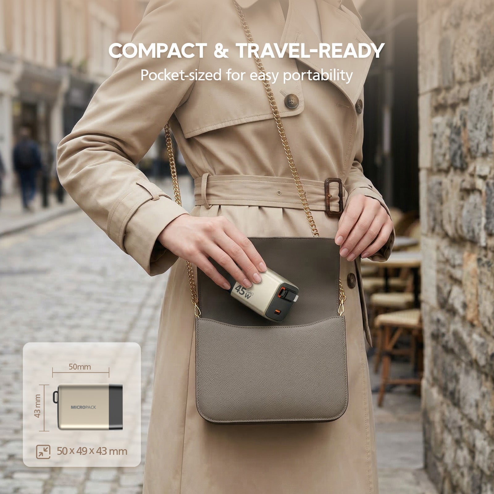 Person holding a compact bag with travel-ready features, standing on a street.