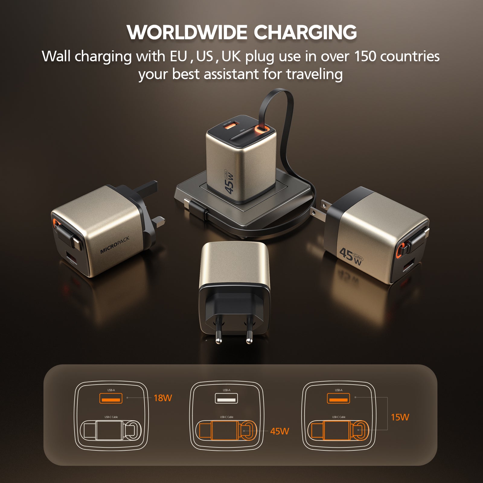 Set of travel adapters with charging capabilities on a dark background