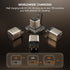 Set of travel adapters with charging capabilities on a dark background