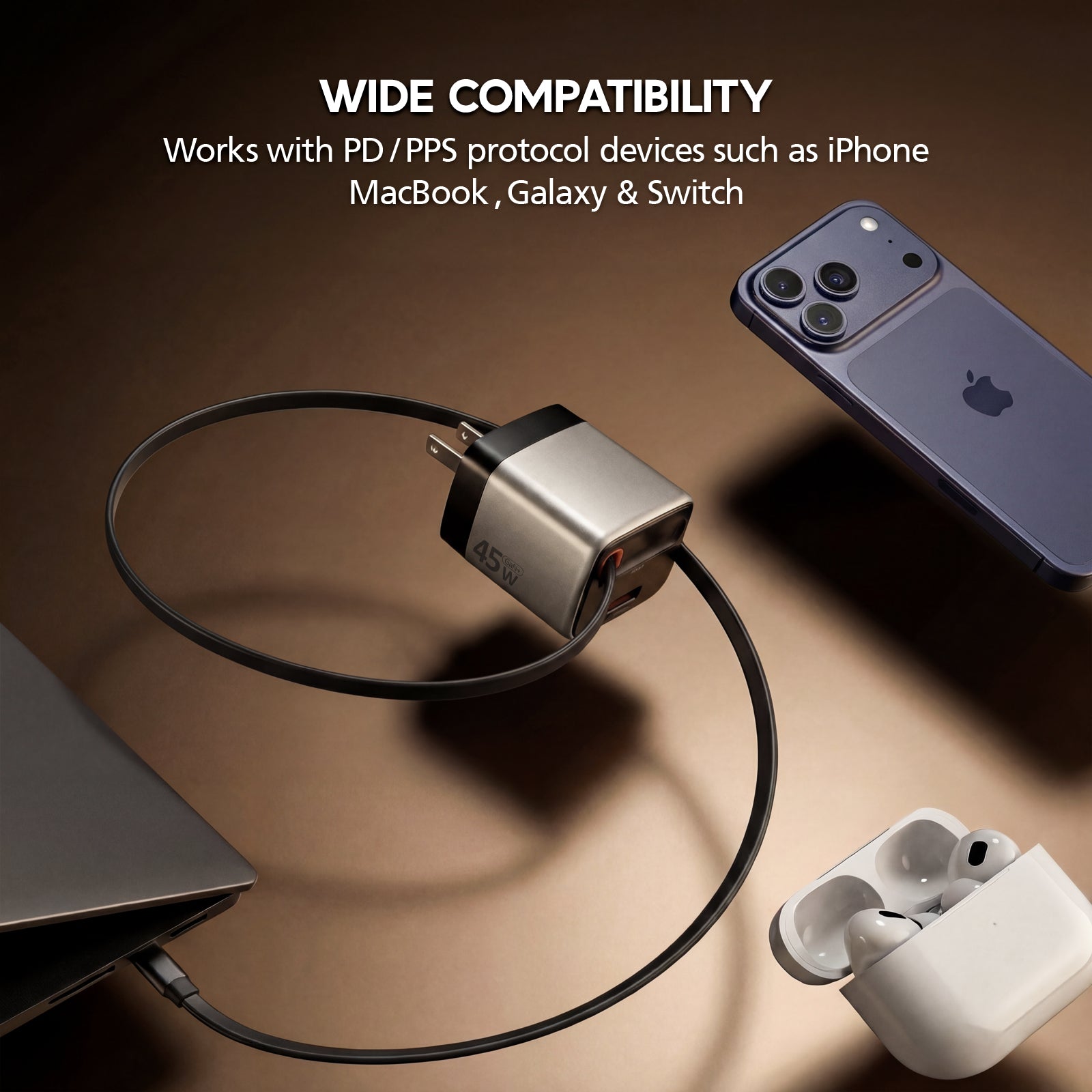 Charging cable and adapter with smartphone and wireless earbuds on a brown background