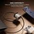 Charging cable and adapter with smartphone and wireless earbuds on a brown background