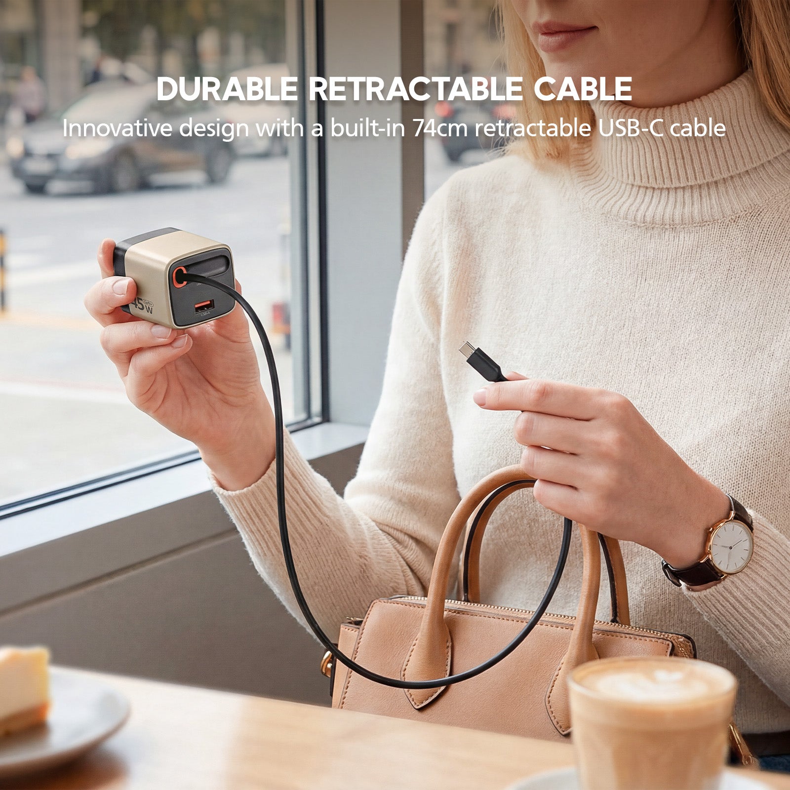 Person holding a retractable USB-C cable and charger in a cafe setting