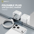 MICROPACK foldable plug 20W GaN wall charger shown in both folded and unfolded states, alongside a white braided charging cable and a smartphone, on a clean gray reflective surface.
