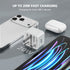 A white 20W USB-C charger plug and wireless earbud charging case are shown on a gray surface with a smartphone and a tablet displaying colorful screen content. Text at the top reads 'UP TO 20W FAST CHARGING' and 'Charging for most USB-C devices.