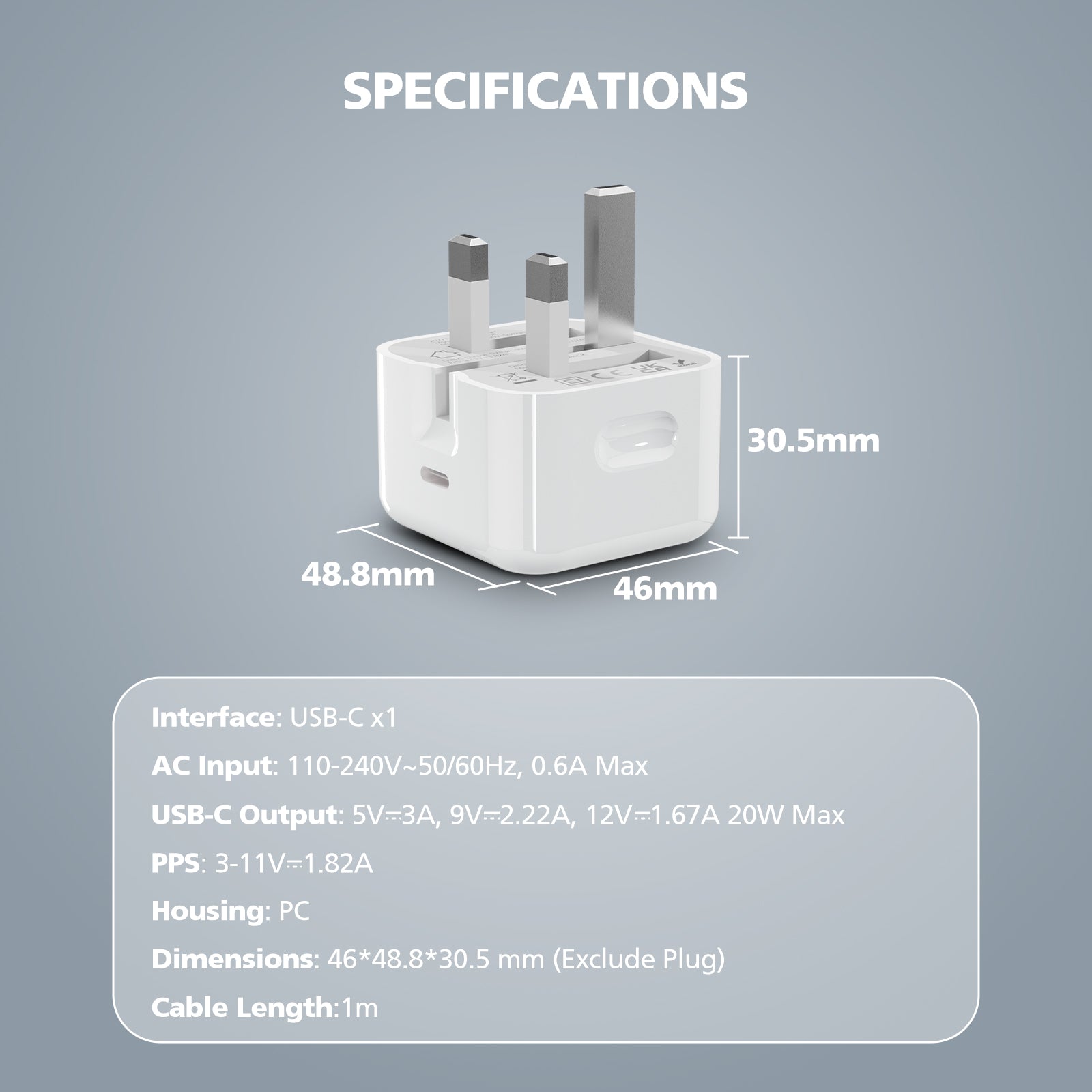 Specification and dimensions graphic for a white USB-C power adapter plug. The image shows the adapter with measurement labels (30.