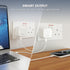 A white MONOPOO smart power adapter shown plugged into wall outlets in two usage scenarios: charging a laptop on the left and charging a smartphone on the right. The image features a diagonal split background and text at the top reading 'SMART OUTPUT Auto-adapts to your device for fast, safe charging'.
