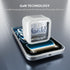 A smartphone lying on a reflective gray surface with a white cube-shaped GaN technology badge floating above it. The badge has a transparent front showing a metallic GaN structure and the text 'GaN TECHNOLOGY' with a subtitle about energy-saving performance and charging efficiency.